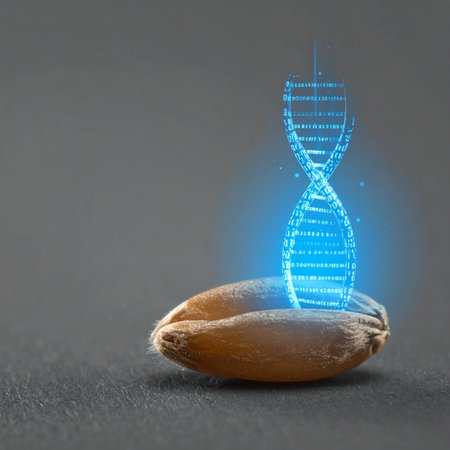 A single grain of wheat reveals its genetic blueprint through a glowing blue DNA hologram.の素材