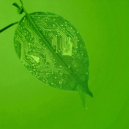A vibrant green leaf reveals an intricate circuit board pattern within its veins, symbolizing the perfect synergy between nature and technology.の素材