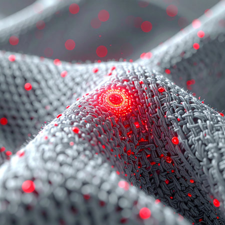 A macro view of a revolutionary smart textile, where glowing red nodes pulse with data.の素材