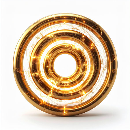 A powerful, futuristic energy core pulses with brilliant golden light. This abstract design of concentric rings symbolizes innovation, high technology, and the gateway to future possibilities.の素材