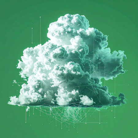 A symbolic representation of modern cloud computing, where a fluffy cloud is interwoven with a digital network grid.の素材