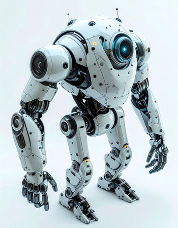 Standing alert, this advanced bipedal mech patrols a sterile environment.の素材