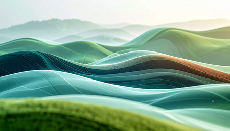 Gentle waves of green and blue roll across a serene, digital landscape, bathed in the soft glow of a distant light.の素材