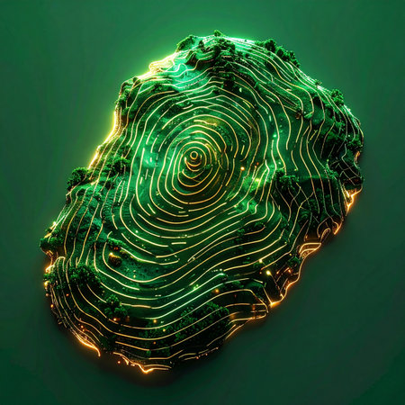 A mesmerizing 3D rendering of a digital landscape, where glowing green and gold lines trace complex contours.の素材