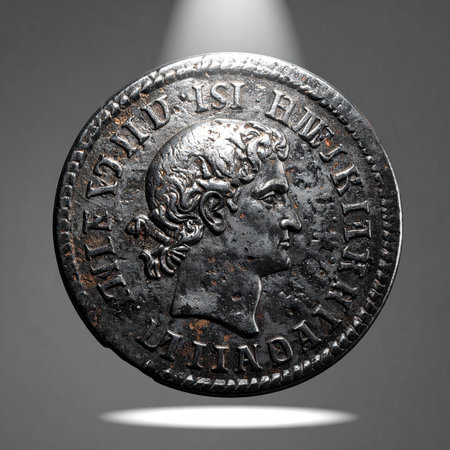A single, ancient silver coin, illuminated by a dramatic spotlight, emerges from the darkness of history.の素材