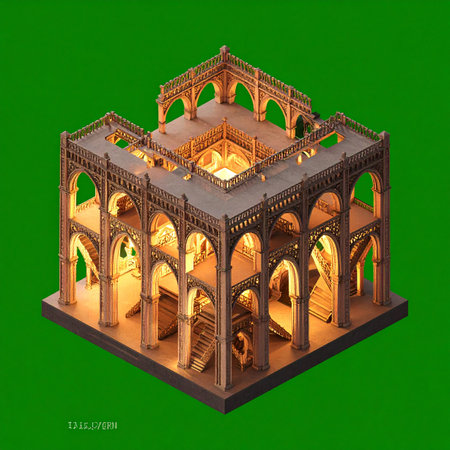 An intricate, glowing architectural model of a Gothic cathedral stands in isometric view against a vibrant green screen.の素材