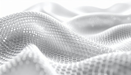 A close-up view of a futuristic, undulating surface made of a complex hexagonal mesh.の素材