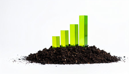 A glowing green bar chart sprouts from rich, dark soil, symbolizing the concept of organic growth and sustainable business investment.の素材