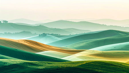 The first light of dawn spills across the undulating landscape, painting the serene, rolling hills in soft shades of green and gold.の素材