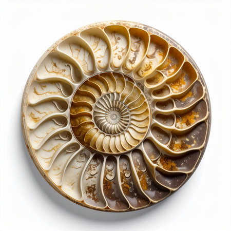 A stunning cross-section of an ancient ammonite fossil reveals its intricate spiral chambers.の素材