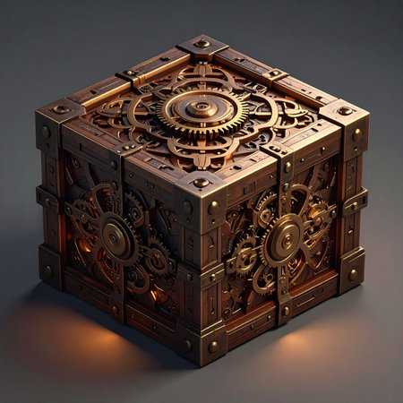 An ancient steampunk puzzle box, covered in intricate gears and complex mechanisms, sits in shadow.の素材