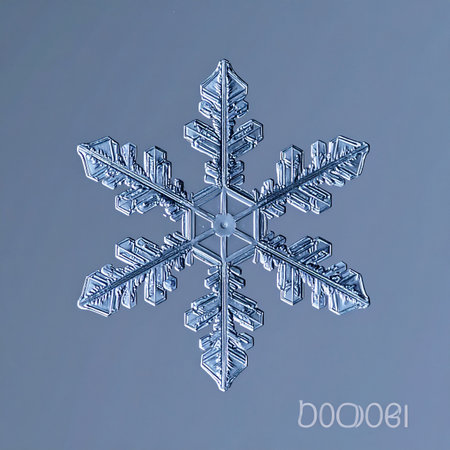 An extreme close-up reveals the intricate, symmetrical beauty of a single, natural snowflake.の素材