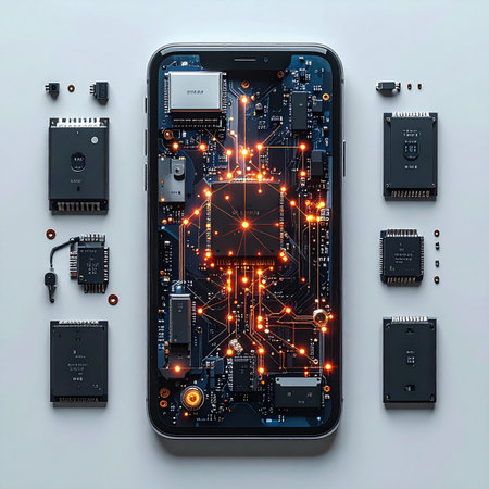 An intricate look inside a modern smartphone, revealing its complex electronic heart.の素材