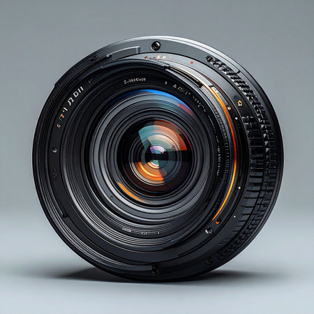 A close-up view of a professional camera lens, its complex glass elements catching the light to create colorful optical flares.の素材