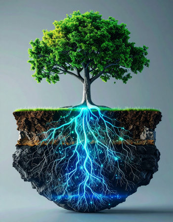 A solitary tree stands on a floating island of earth, its lush green canopy a symbol of life.の素材