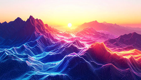 The sun rises over a surreal digital frontier, casting vibrant neon light across a wireframe mountain range.の素材