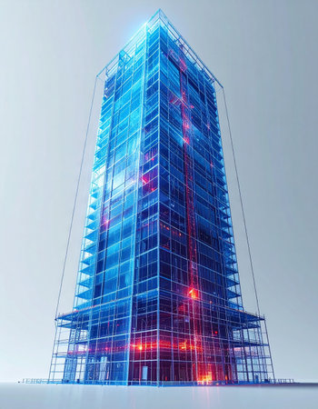 A digital twin model of a modern skyscraper glows with data, visualizing energy consumption and structural integrity in real-time.の素材