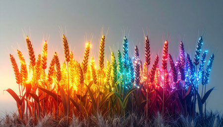 In a field where technology and nature intertwine, stalks of wheat glow with the full spectrum of a digital rainbow.の素材