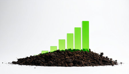 A vibrant green bar chart emerges from rich, dark soil, symbolizing sustainable and organic growth.の素材