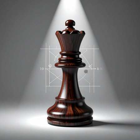 A single, dark wood chess queen stands alone, dramatically illuminated by a single spotlight. In the background, faint blueprints suggest a master plan in motion.の素材