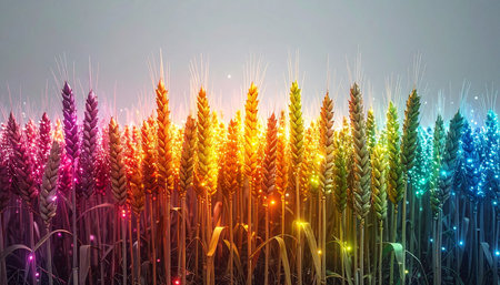 A field of ripe wheat is transformed by a magical, glowing light, bathing the stalks in a full spectrum of rainbow colors.の素材