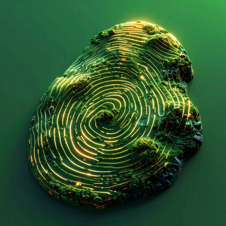 A luminous fingerprint pattern glows across a lush, green landscape, symbolizing the seamless integration of digital identity and the natural world.の素材