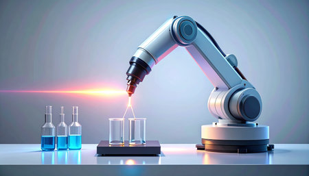 In a state-of-the-art laboratory, a robotic arm performs a delicate task with unparalleled precision, pouring a glowing substance into a beaker.の素材