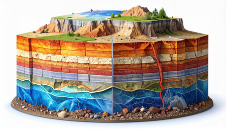A detailed 3D model reveals the hidden world beneath our feet, showing a slice of the earth from the surface landscape down through layers of rock and soil.の素材