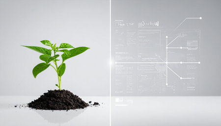 A young green sprout emerges from rich soil, symbolizing new beginnings and potential.の素材