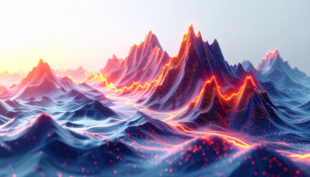 A stunning digital landscape where mountains of data pulse with vibrant, flowing energy.の素材