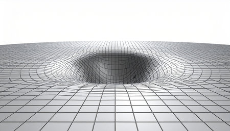 A digital visualization of a gravitational well, where a massive object warps the fabric of spacetime.の素材