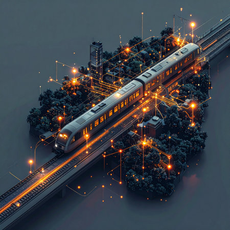 In a city of the future, a high-speed train glides through an illuminated network, symbolizing the seamless flow of data and people.の素材