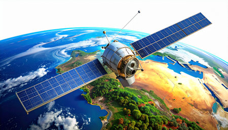 A state-of-the-art satellite glides silently in orbit, its solar panels reflecting the sun's light.の素材