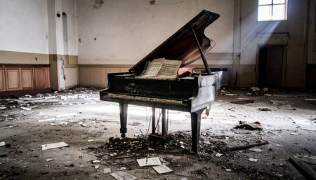 Old piano in an abandoned factory. Dark and moody image.の素材