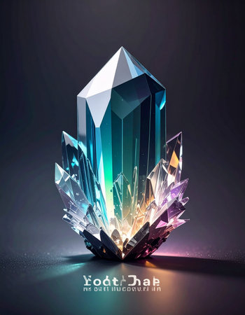 A magnificent crystal cluster radiates with an inner light, its facets catching and refracting a vibrant spectrum of colors from cool teal to warm gold.の素材