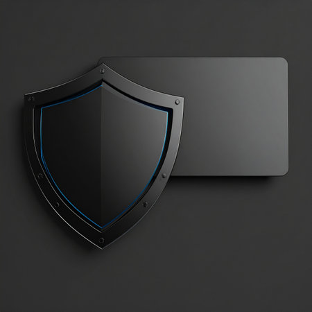 A sleek, dark shield stands as a modern emblem of digital protection and data security.の素材