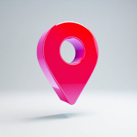 A vibrant red 3D map pin hovers over a clean surface, symbolizing a specific destination, point of interest, or a marked location.の素材