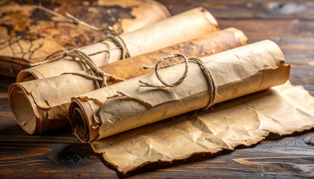 A collection of ancient, weathered scrolls tied with twine rests on a dark wooden desk.の素材