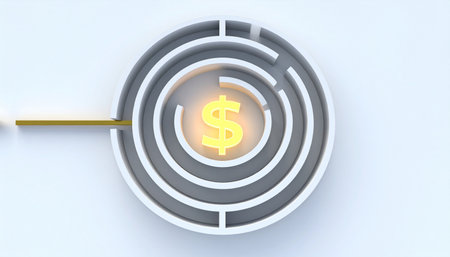 A glowing dollar sign sits at the heart of a complex labyrinth, representing a financial goal.の素材