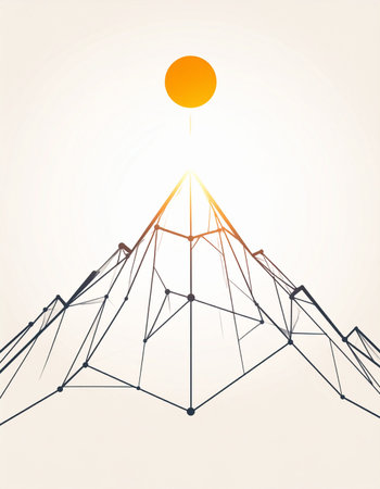 A minimalist representation of a mountain summit, rendered in a geometric, wireframe style. Lines and nodes connect to form the peak, symbolizing data, networks, and digital connection.の素材