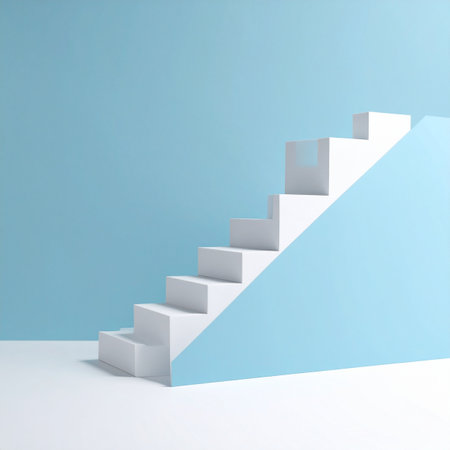 A clean, white staircase rises against a serene blue wall, symbolizing the journey of progress, growth, and ambition.の素材