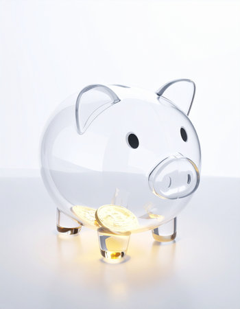 A clear glass piggy bank holds the first few coins of a new savings journey.の素材