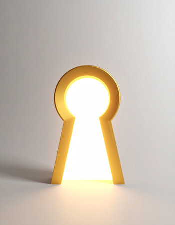 A golden keyhole glows with a brilliant, inviting light against a minimalist background.の素材