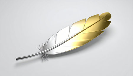 A single, elegant feather lies isolated, a study in beautiful contrast. One half gleams with the cool sheen of polished silver, while the other radiates the warm, rich glow of pure gold.の素材