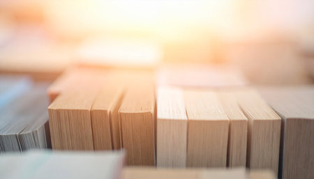 Rows of wooden blocks stand perfectly aligned, forming a solid base bathed in the warm, optimistic glow of morning sunlight.の素材