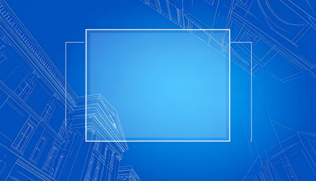 A modern and clean background featuring a semi-transparent frame for text or graphics. In the backdrop, faint architectural blueprints suggest themes of planning, innovation, and technical precision.の素材