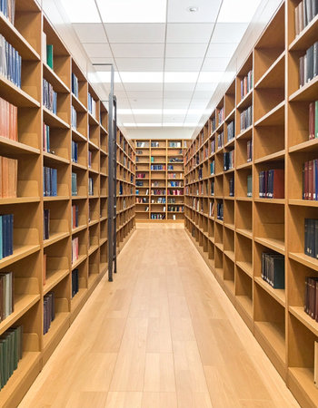 A long, quiet aisle stretches between towering wooden bookshelves in a classic university library.の素材