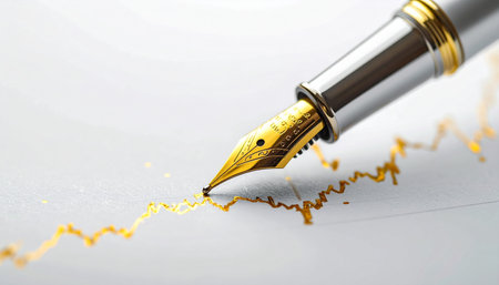 A close-up captures the moment of creation as an elegant fountain pen with a golden nib glides across white paper.の素材