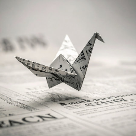 A delicate origami crane, meticulously folded from the pages of a newspaper, rests gently on a bed of text.の素材