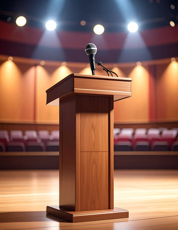 The stage is set and the spotlights are on. A lone wooden podium with a microphone stands in the center, waiting in the quiet anticipation of a powerful speech or a major announcement.の素材